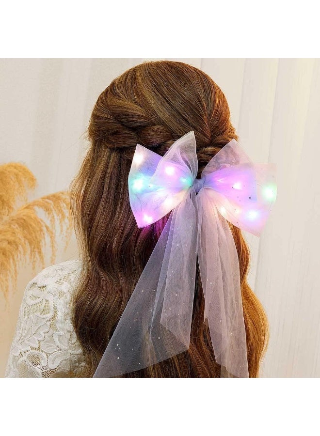 JEAIRTS Led Bow Clip Glowing Rainbow Veil Wedding Hair Piece Barrette Colorful Tulle Bow With Clips Bachelorette Party Hair Accessories For Women And Girls - Image 2